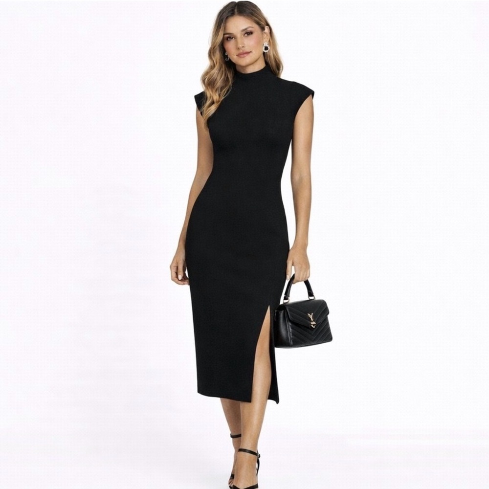 House of Harlow 1960 Mock Neck Black Classic Minimalist Dress w Side Slit
